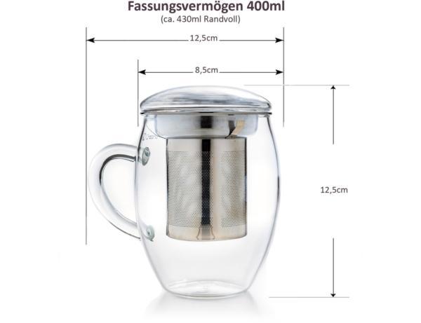 Großes Teeglas 3-teilig 400ml, mit Edelstahlsieb & Deckel - First-Cup