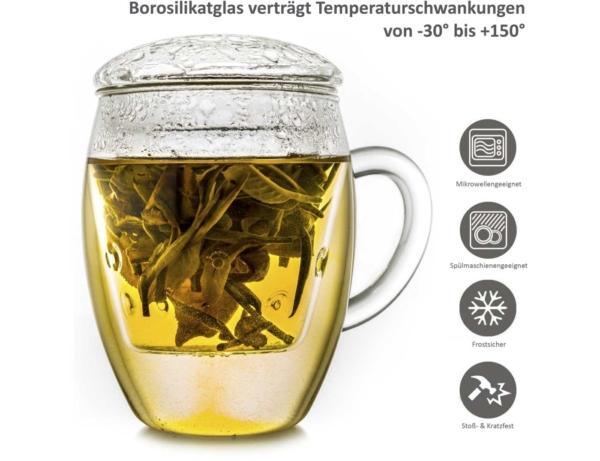 Großes Teeglas 3-teilig 400ml, mit Edelstahlsieb & Deckel - First-Cup