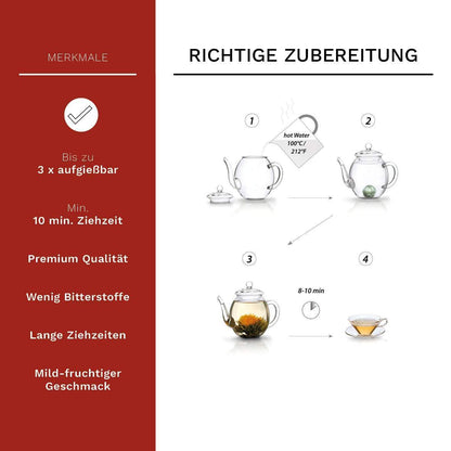 Erblüh-Tee Set Weißtee mit Glaskanne (500ml) mit 6 Erblüh-Teekugeln in 6 Variationen - First-Cup