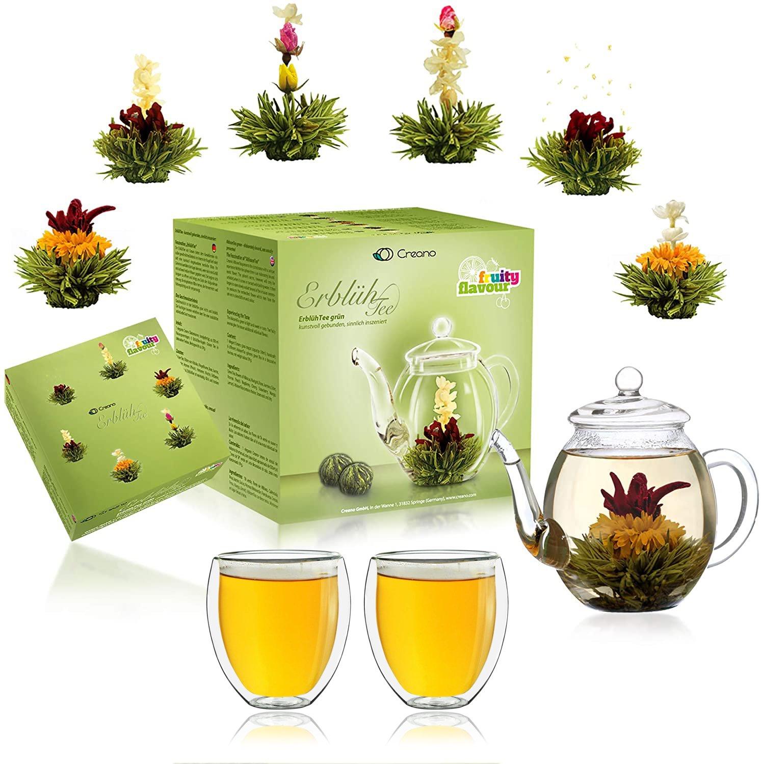 Erblühtee Set mit Glaskanne Grüner Tee + 2 Thermogläser (Teerosen in 6 Sorten) - First-Cup